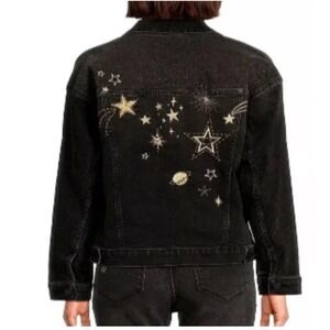 Black Jean Jacket Size Lg Star Moon Embroidery Button Up Y2k Goth Grunge Boho